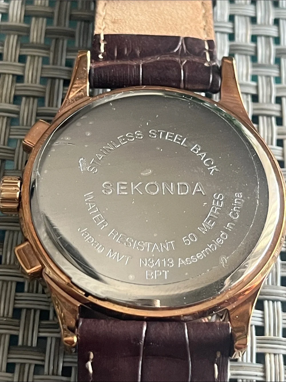 Men's Rose Gold Chronograph Watch with Black Dial and Brown Strap
